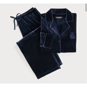 Lauren Ralph Lauren Crest Velvet Navy Blue Pajama 2 pc Set Womens M Quiet Luxury
